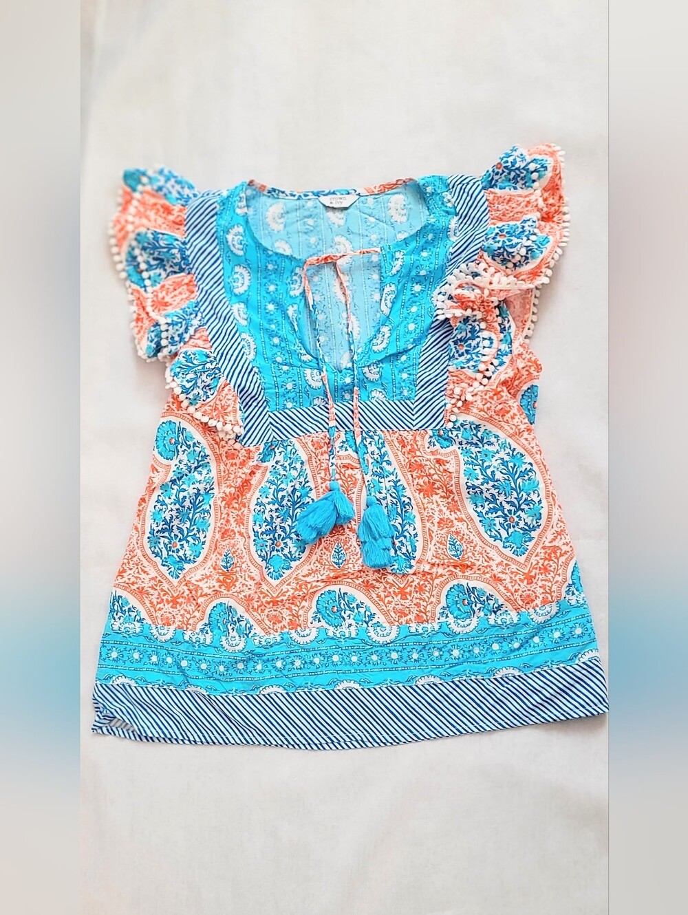 NWOT! Summer Resort Paisley Blouse Women's Boho Tassel Ruffle Sleeve Top Medium